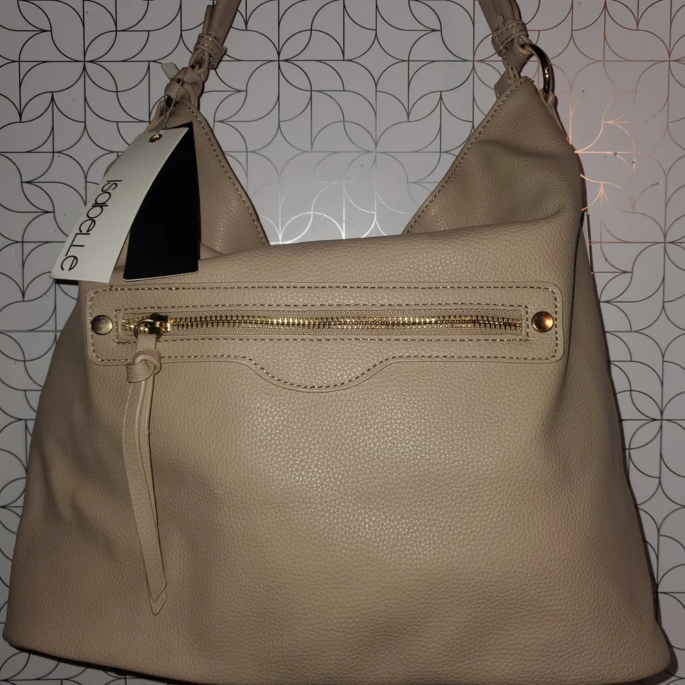 Nicole Miller Taupe Leather Shoulder Hobo Bag with Gold Hardware
